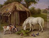Famous Goats Paintings - Pony and Goats in a Farmyard